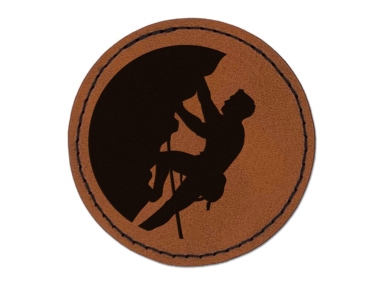 Mountain Climber Rock Climbing Hiking Round Iron-On Engraved Faux Leather Patch Applique - 2.5"
